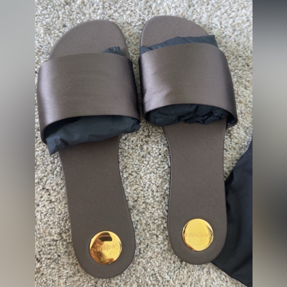 Saint Laurent Brown Satin Slide Sandals